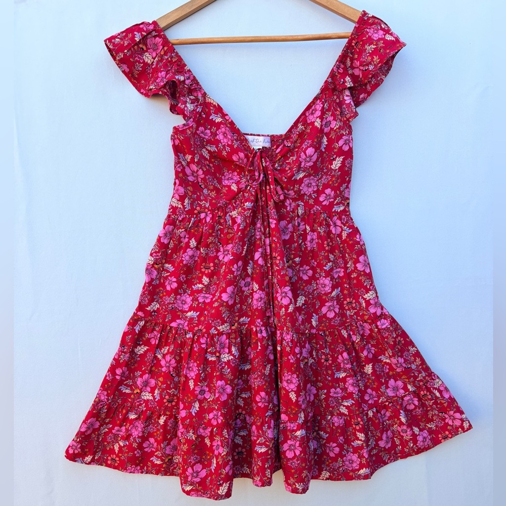 Band of the Free XS Floral Mini Dress Red Pink Tie Front Boho Flutter Sleeve